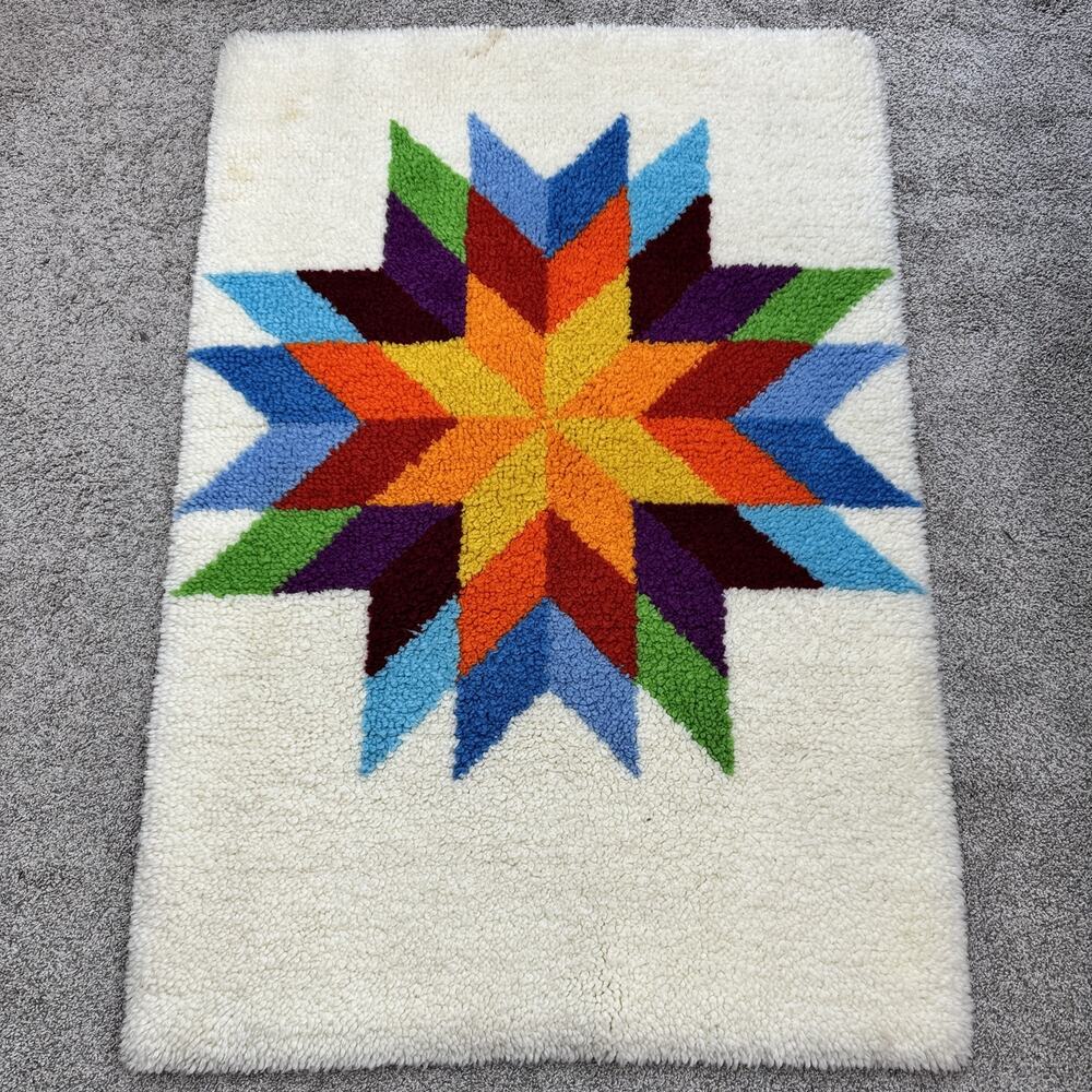 Vintage Latch Hook Accent Rug Quilt Star Pattern Colorful Geometric 17.5"x36"